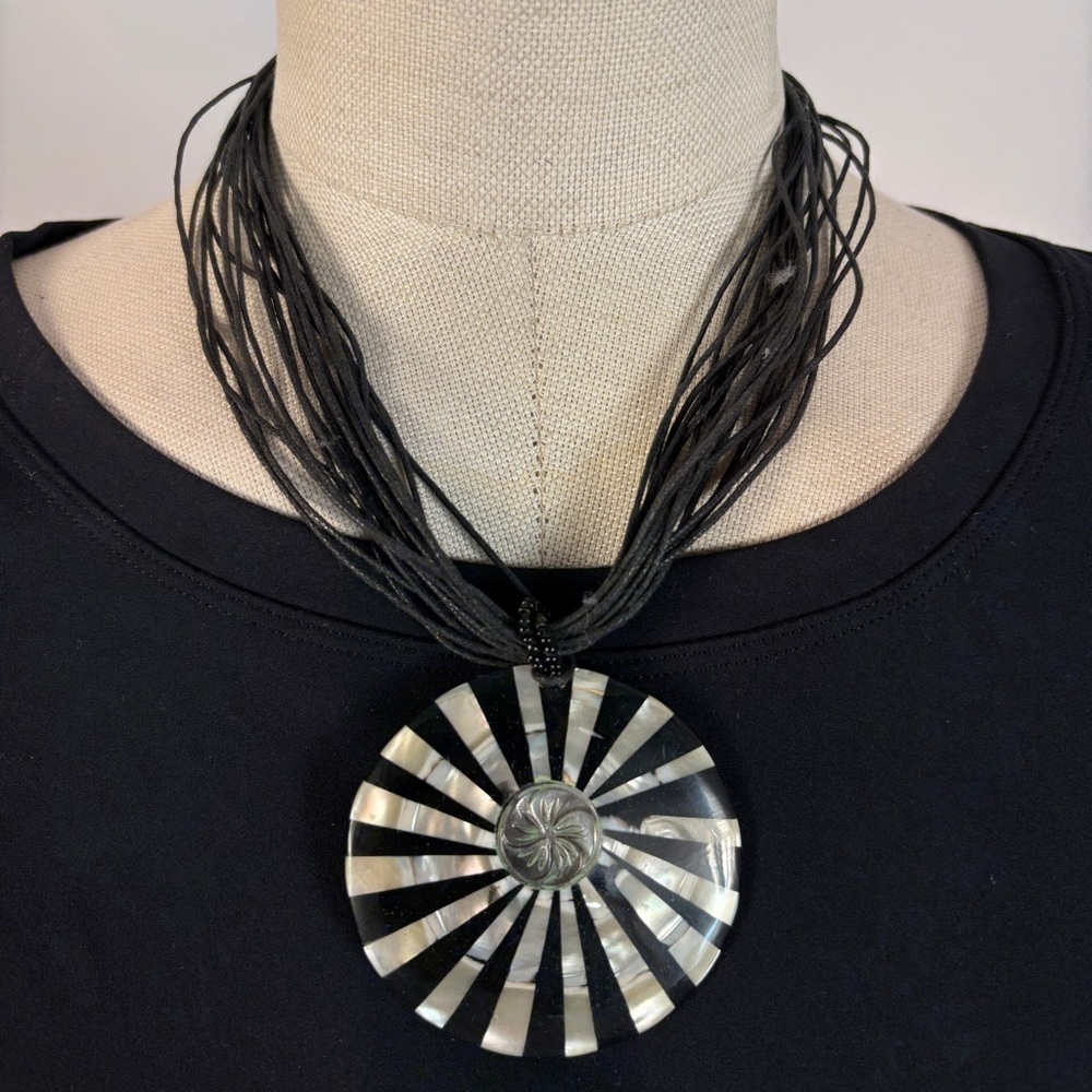 Artisan Boho Multi-Strand Black & White Mother of Pearl Inlay Pendant Necklace